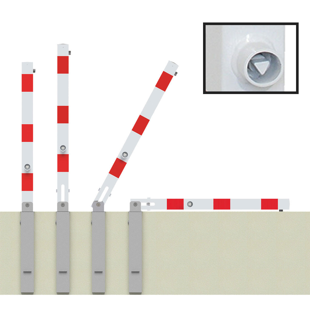 Absperrpfosten 70 x 70 mm Stahlrohr weiß besch. / rote Streifen umlegbar mit Dreikant mit Hebe- Kippmechanik inkl. Bodenhülse