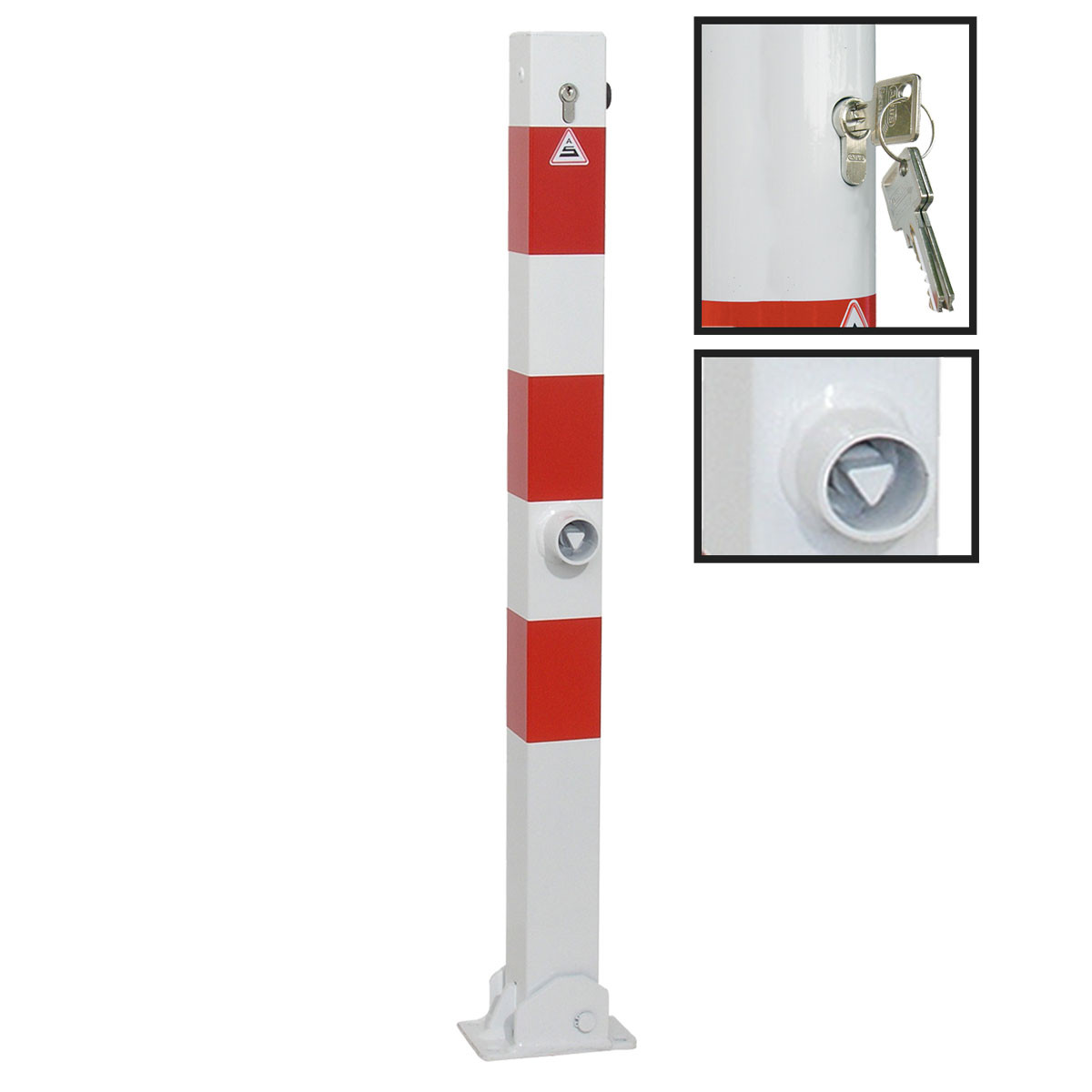 Absperrpfosten 70 x 70 mm Stahlrohr umlegbar mit Profilzylinderschloss und Dreikant für Dübelbefestigung
