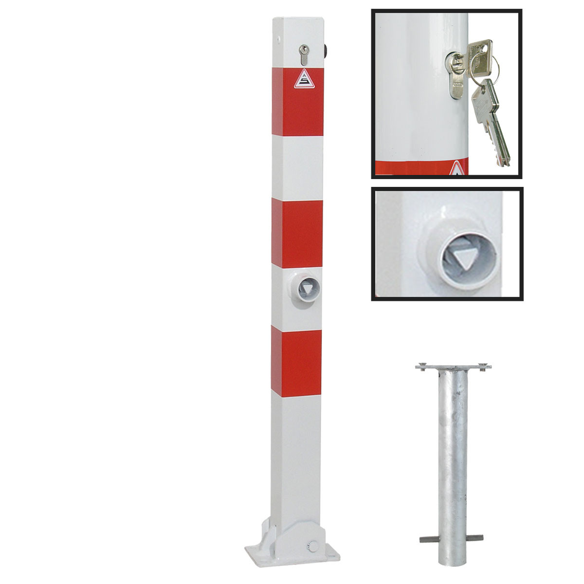 Absperrpfosten 70 x 70 mm Stahlrohr umlegbar mit Profilzylinderschloss und Dreikant zum einbetonieren inkl. Bodenhülse