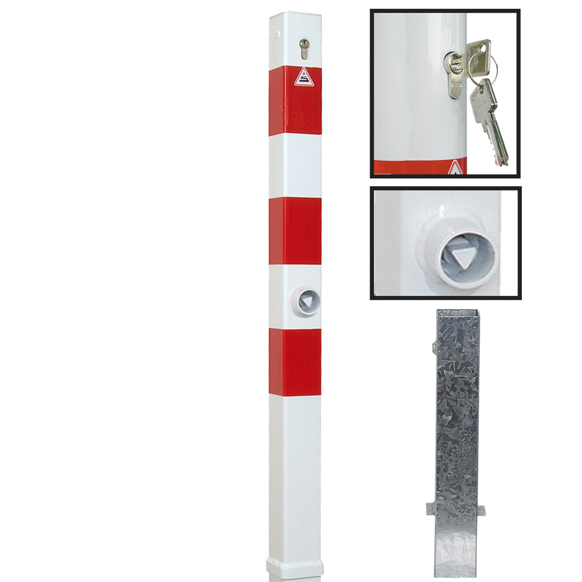Absperrpfosten 70 x 70 mm Stahlrohr weiß besch. / rote Streifen herausnehmbar mit Profilzylinderschloss und Dreikant
