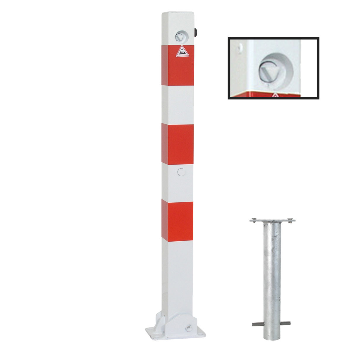 Absperrpfosten 70 x 70 mm Stahlrohr umlegbar mit Dreikant oben innenliegend zum einbetonieren inkl. Bodenhülse