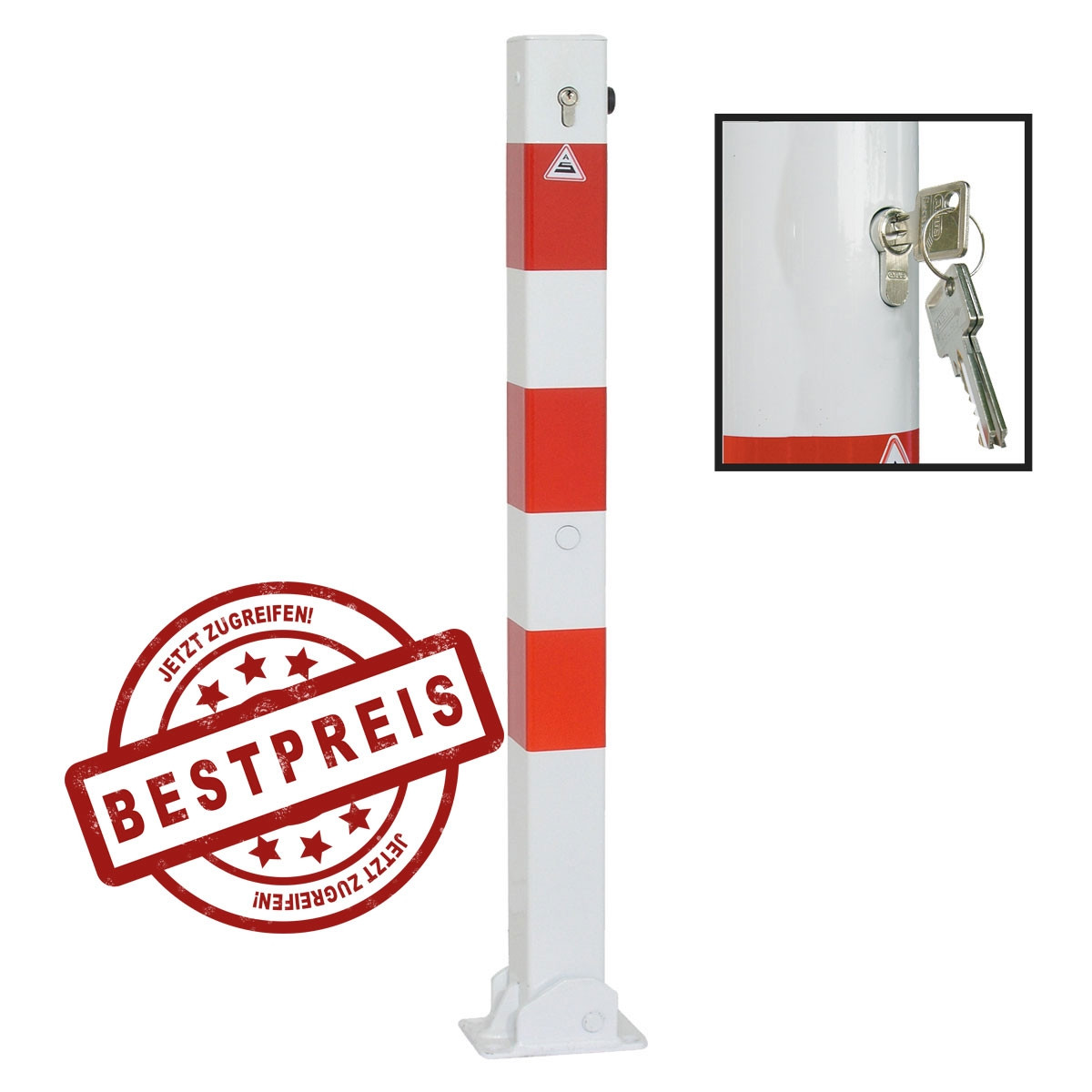 Absperrpfosten 70 x 70 mm Stahlrohr umlegbar mit Profilzylinderschloss für Dübelbefestigung