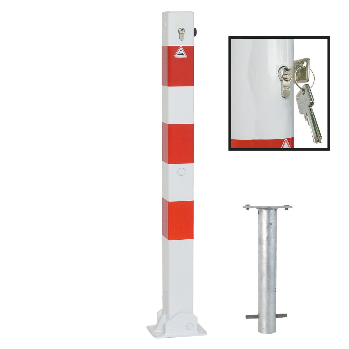 Absperrpfosten 70 x 70 mm Stahlrohr umlegbar mit Profilzylinderschloss zum einbetonieren inkl. Bodenhülse