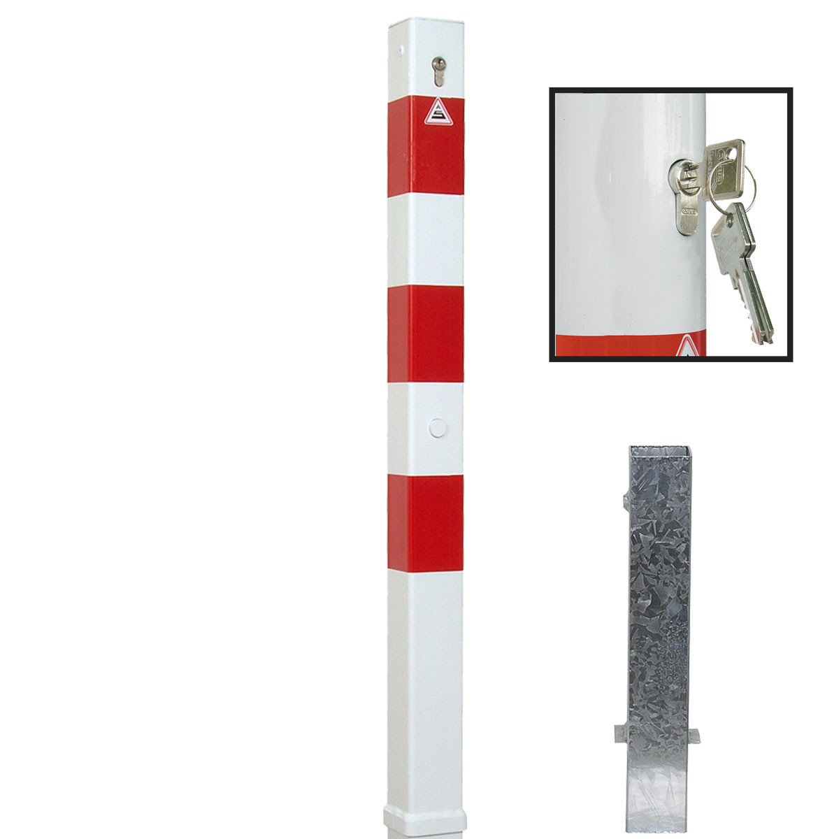 Absperrpfosten 70 x 70 mm Stahlrohr weiß besch. / rote Streifen herausnehmbar mit Profilzylinderschloss