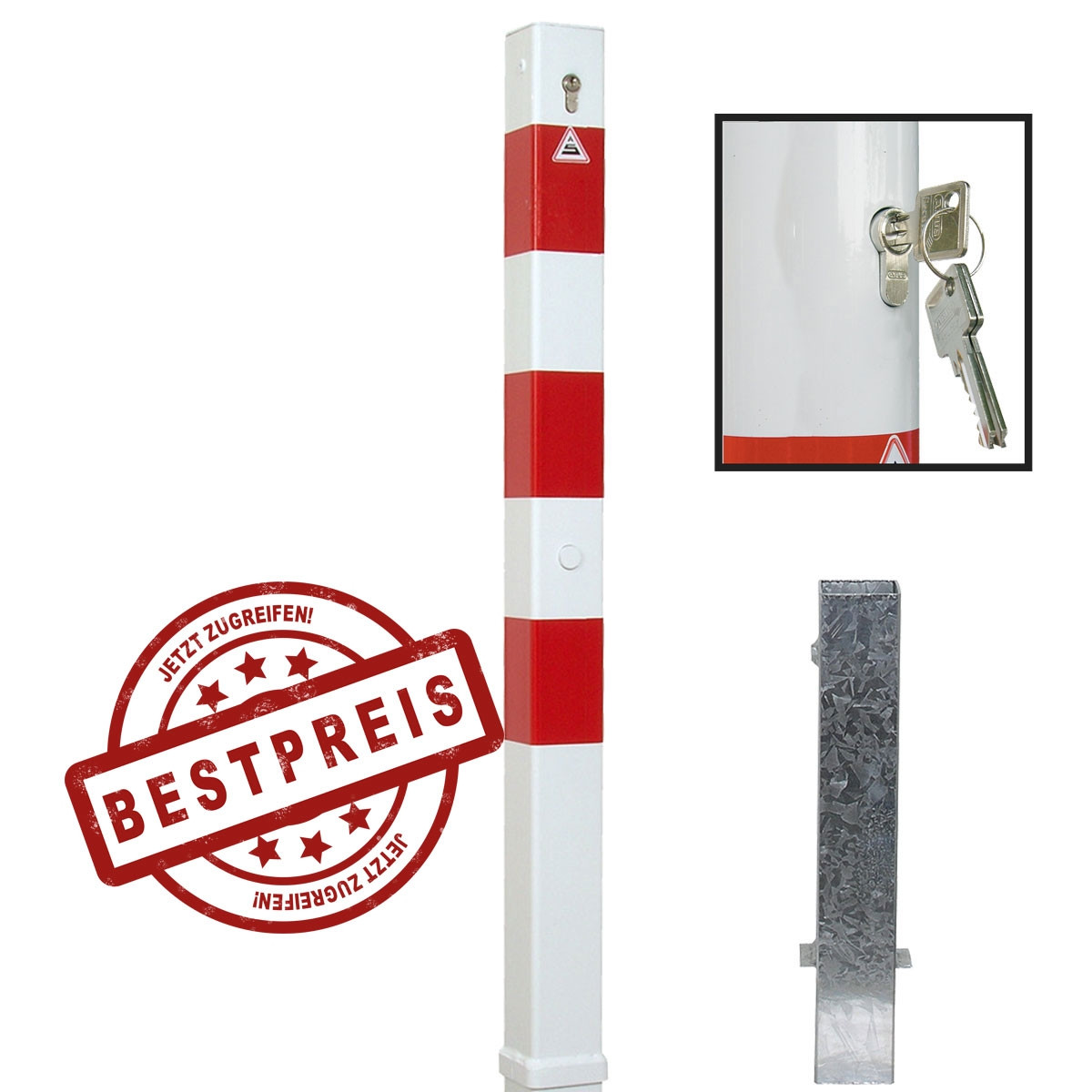 Absperrpfosten 70 x 70 mm Stahlrohr herausnehmbar mit Profilzylinderschloss