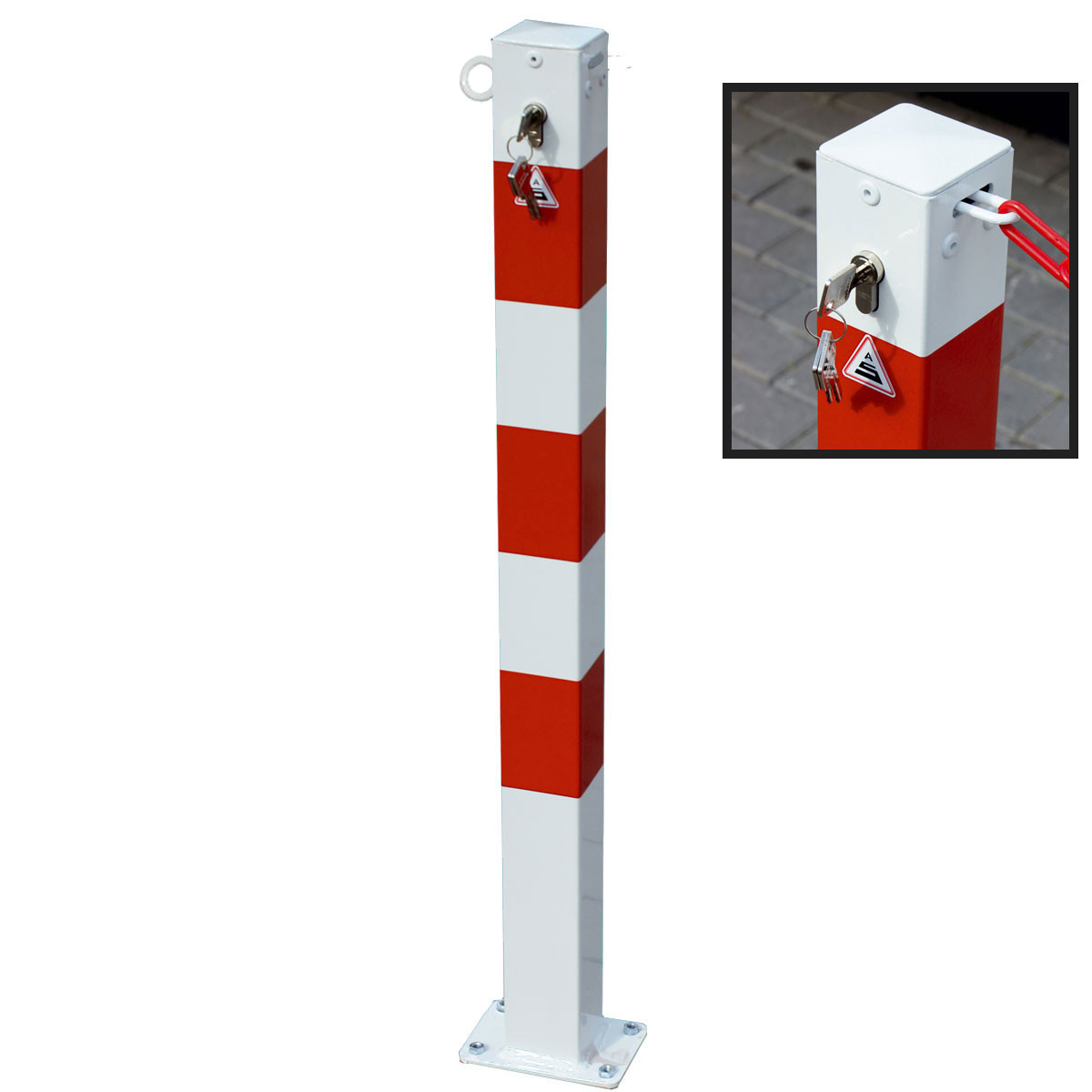 Absperrpfosten 70 x 70 mm Stahlrohr + 1 Öse weiß besch. / rote Streifen für abschliessbare Ketten mit Profilzylinderschloss