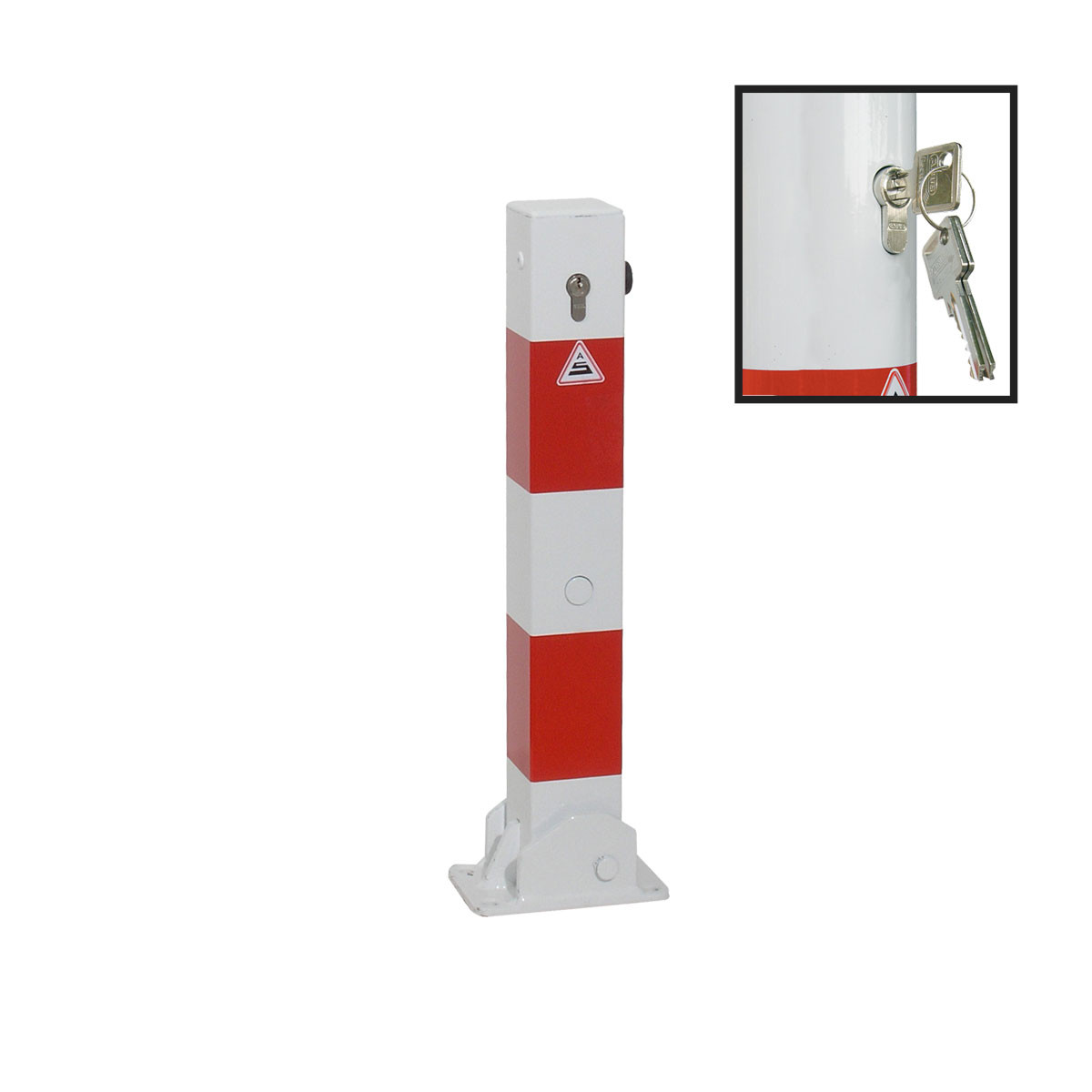 Absperrpfosten 70 x 70 mm Stahlrohr weiß besch. / rote Streifen umlegbar mit Profilzylinderschloss 500 mm Überflur