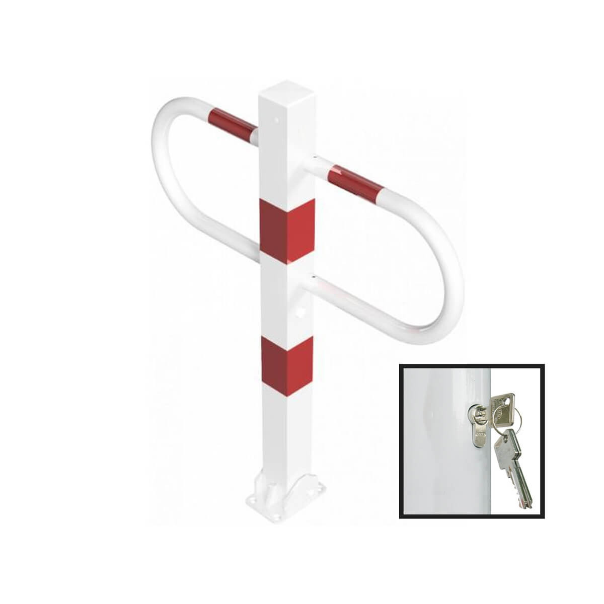 Parkplatzsperre 70 x 70 mm Stahlrohr Überflur 900 mm umlegbar mit Profilzylinderschloss  - weiß besch. / rote Streifen