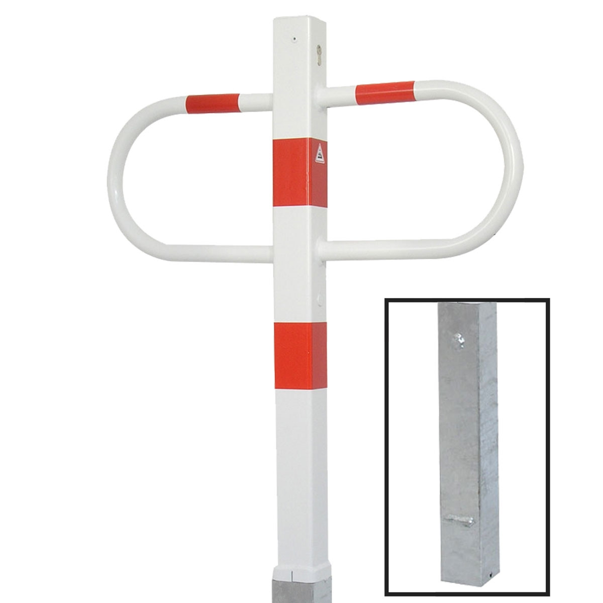Parkplatzsperre 70 x 70 mm Stahlrohr Überflur 900 mm herausnehmbar mit Profilzylinderschloss weiß besch. / rote Streifen