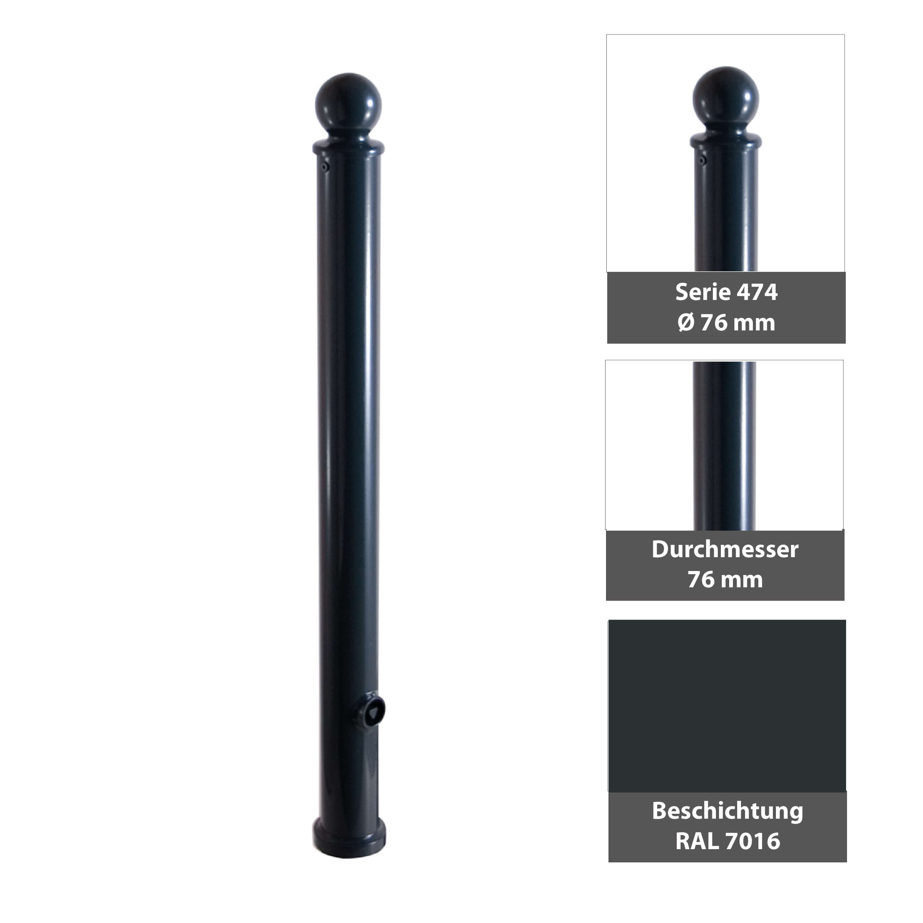 Absperr-Stilpfosten Ø 76 mm Serie 474 ortsfest zum einbetonieren Anthrazit RAL 7016