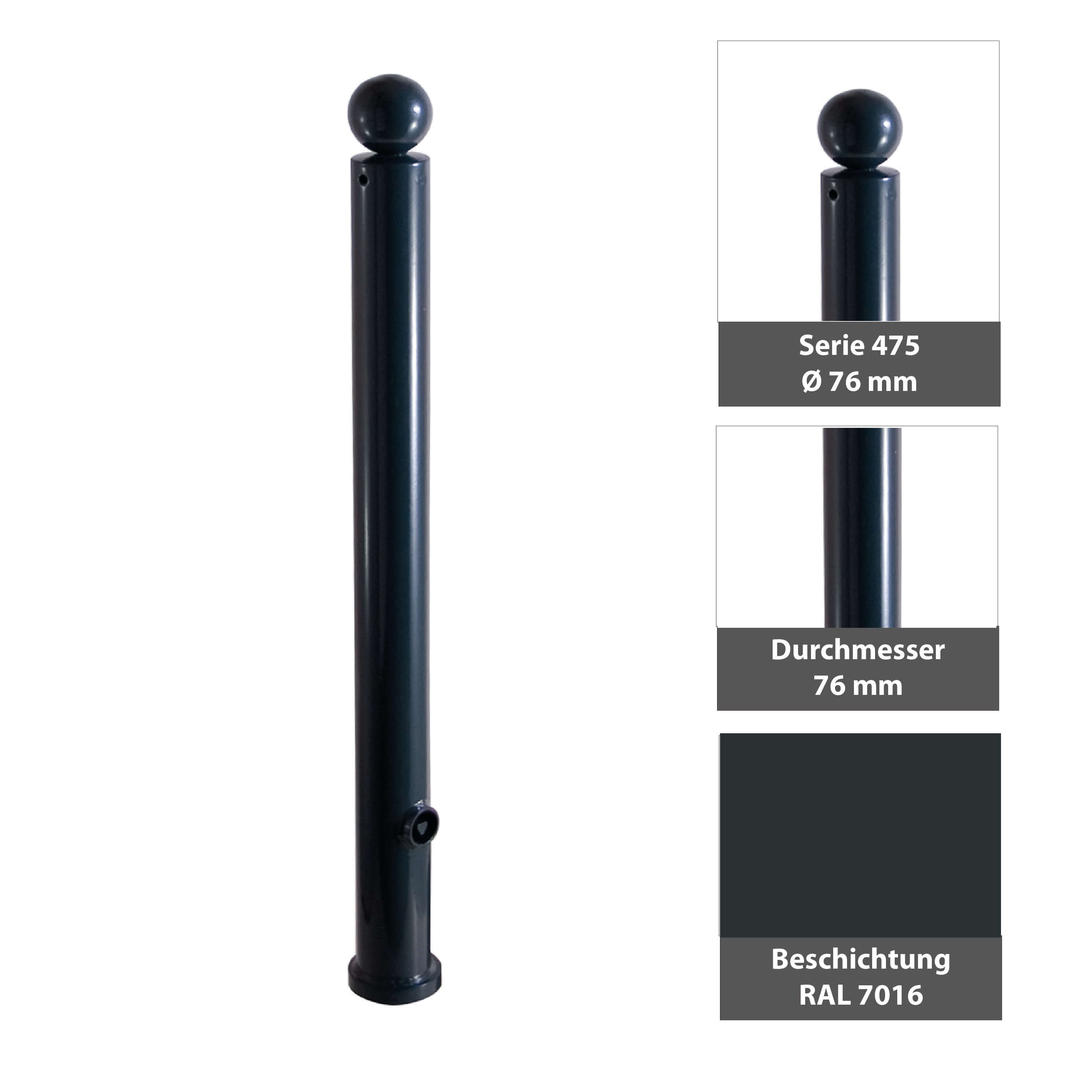 Absperr-Stilpfosten Ø 76 mm Serie 475 ortsfest zum einbetonieren Anthrazit RAL 7016
