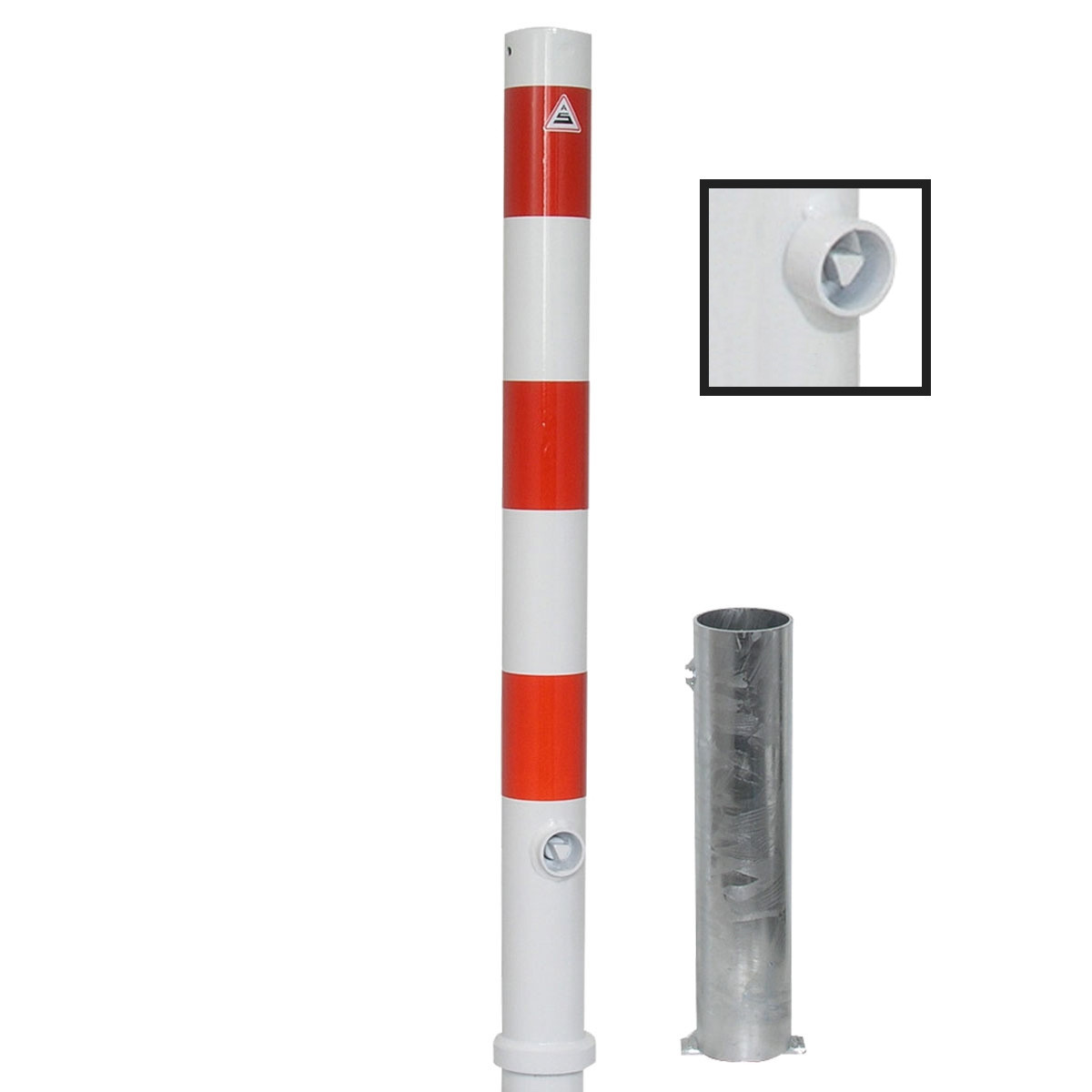 Absperrpfosten 76 mm Stahlrohr weiß besch. / rote Streifen herausnehmbar mit Dreikant