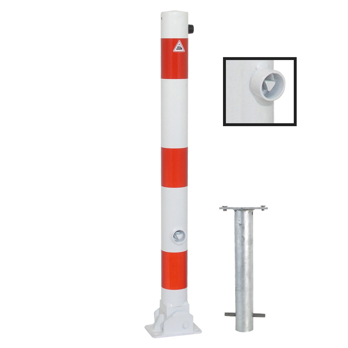Absperrpfosten 76 mm Stahlrohr weiß besch. / rote Streifen umlegbar mit Dreikant zum einbetonieren inkl. Bodenhülse