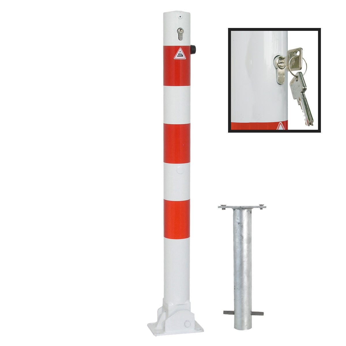 Absperrpfosten 76 mm Stahlrohr weiß besch. / rote Streifen umlegbar mit Profilzylinderschloss zum einbetonieren inkl. Bodenhülse