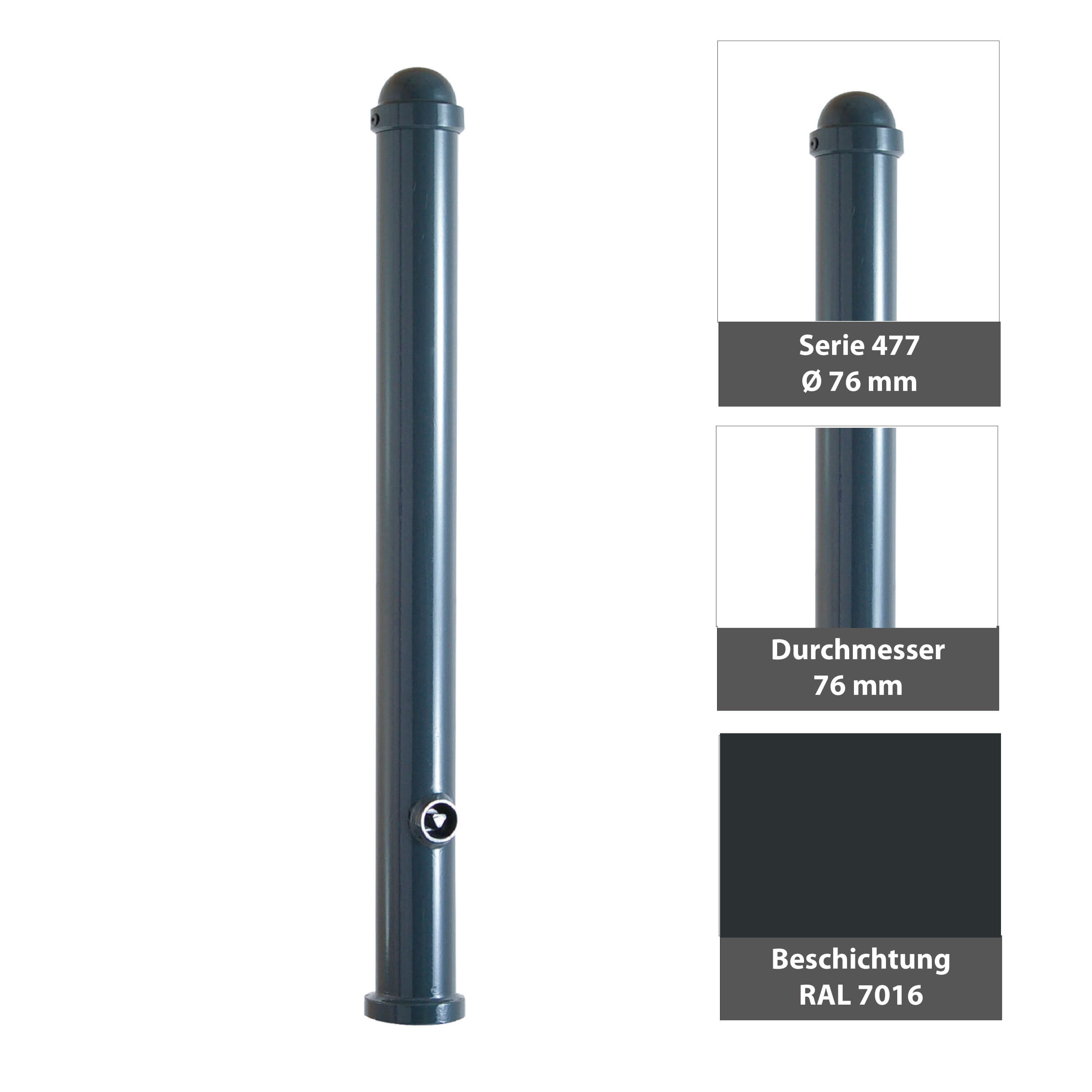 Absperr-Stilpfosten Ø 76 mm Serie 477 ortsfest zum einbetonieren Anthrazit RAL 7016