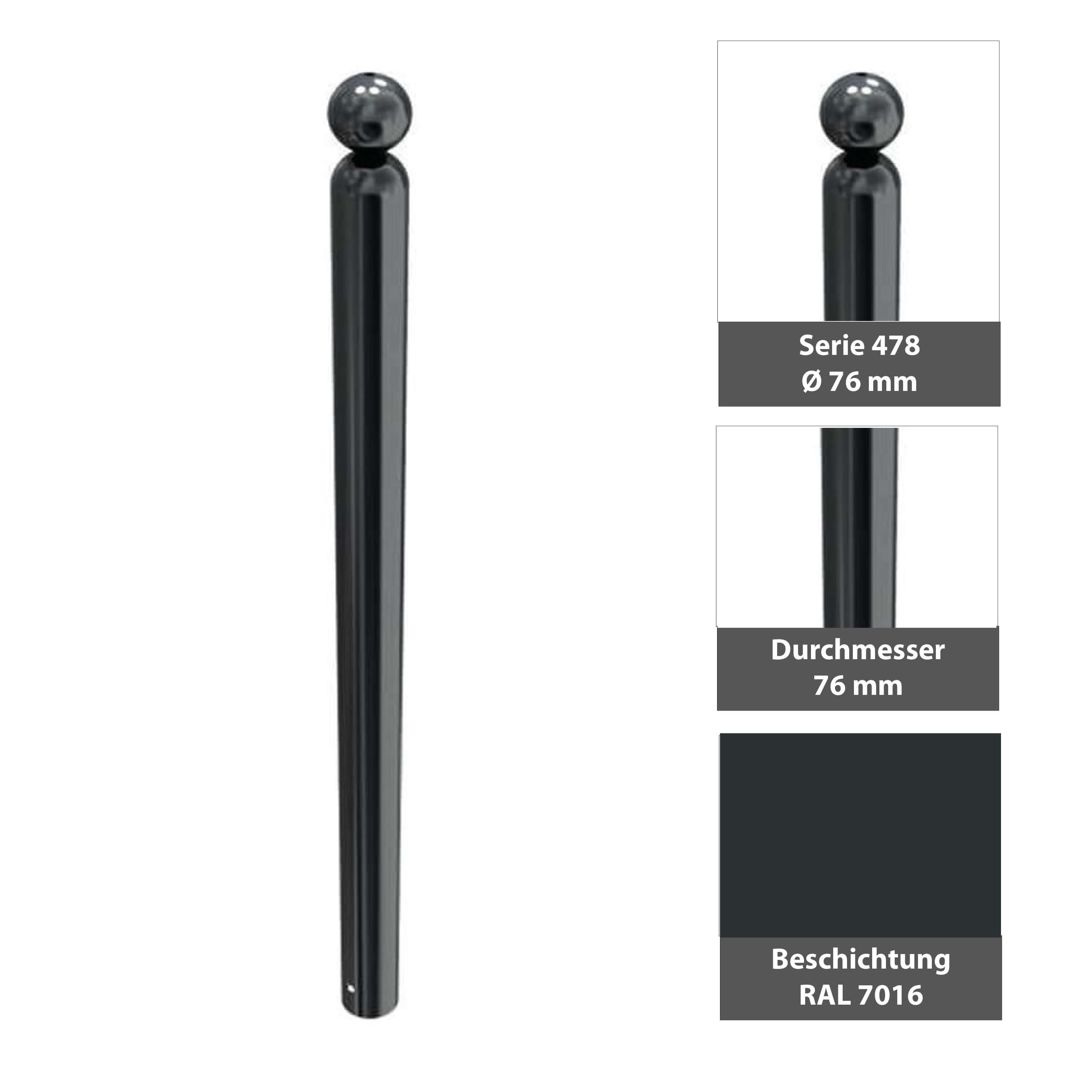 Absperr-Stilpfosten Ø 76 mm Serie 478 ortsfest zum einbetonieren Anthrazit RAL 7016