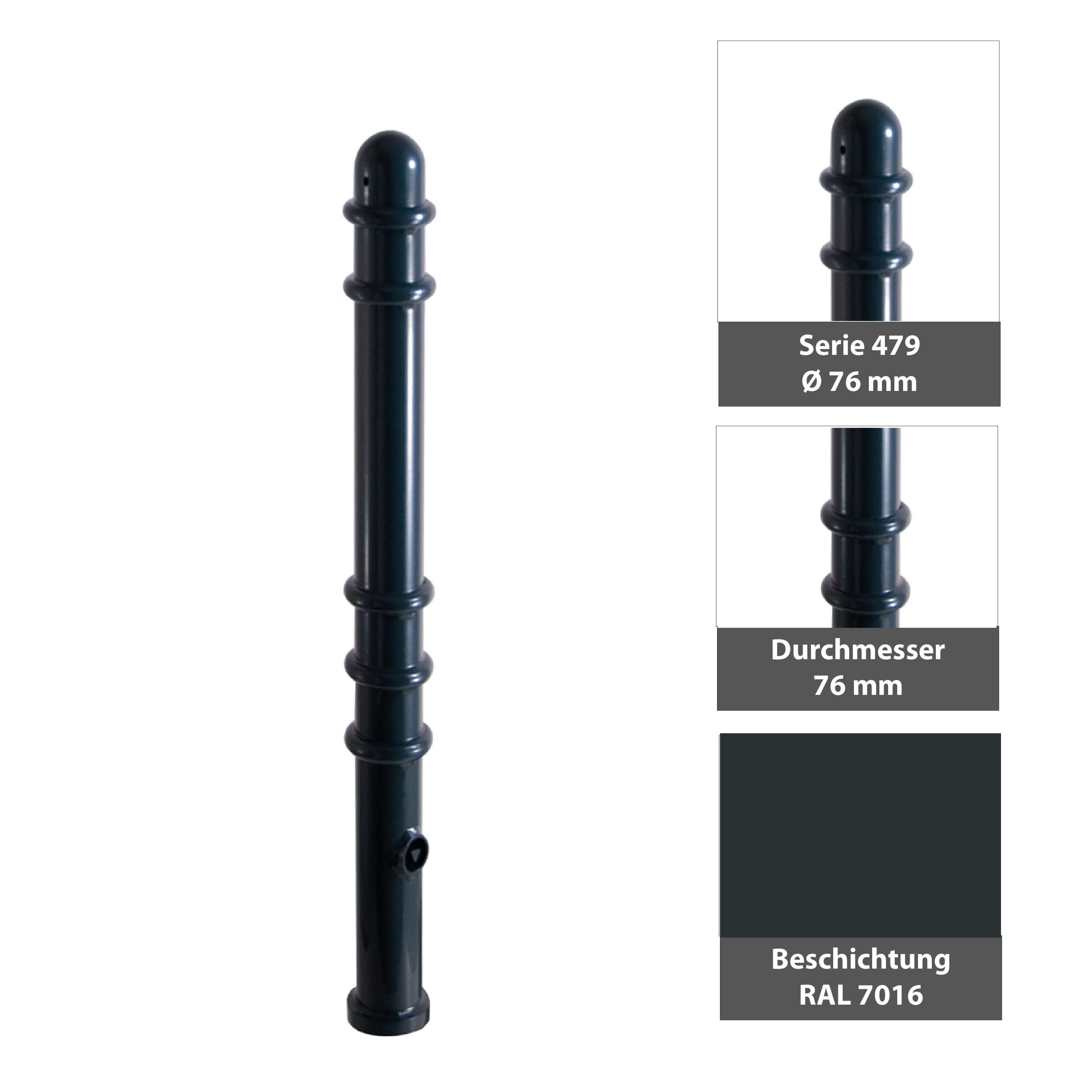 Absperr-Stilpfosten Ø 76 mm Serie 479 ortsfest zum einbetonieren Anthrazit RAL 7016