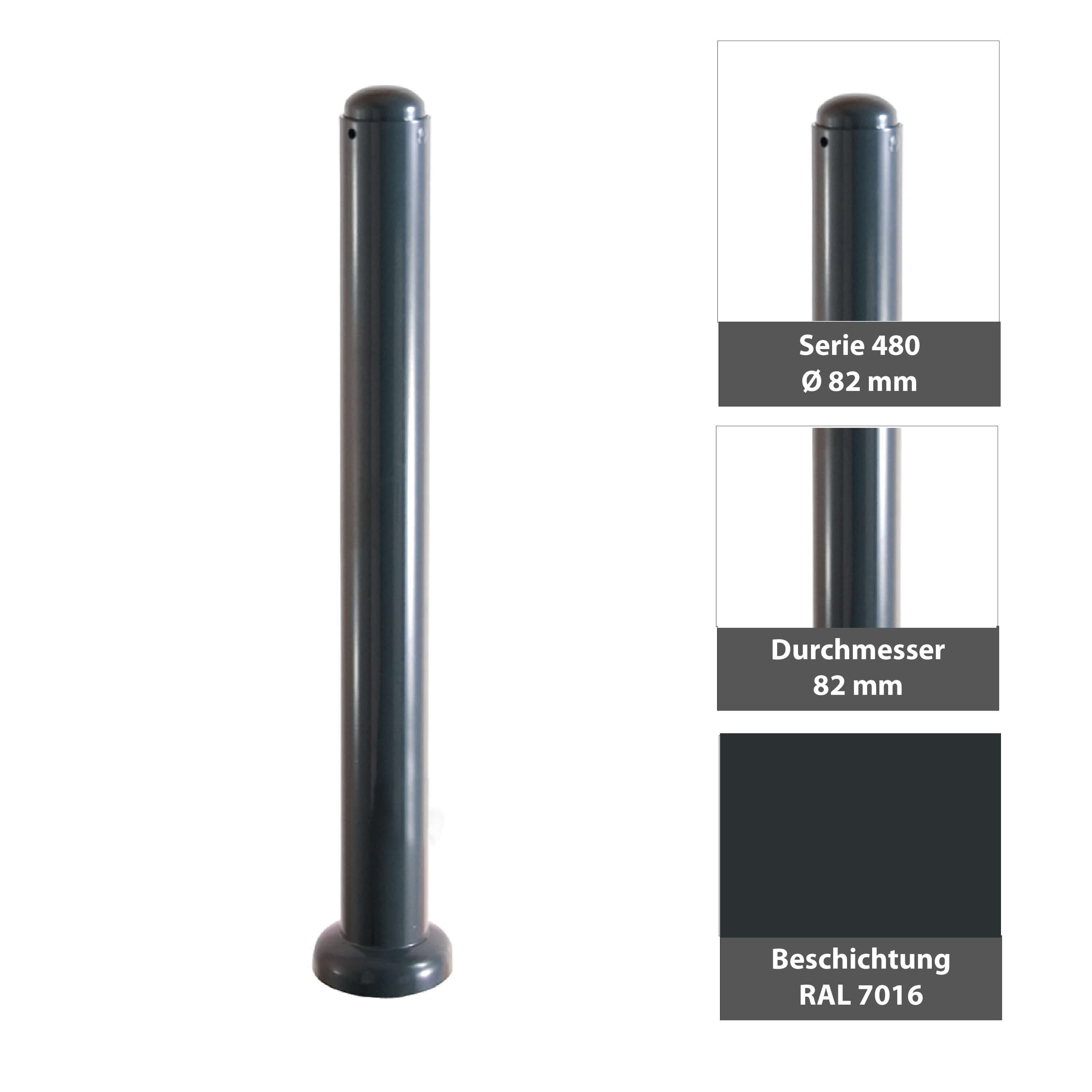 Absperr-Stilpfosten Ø 82 mm Serie 480 ortsfest zum einbetonieren Anthrazit RAL 7016