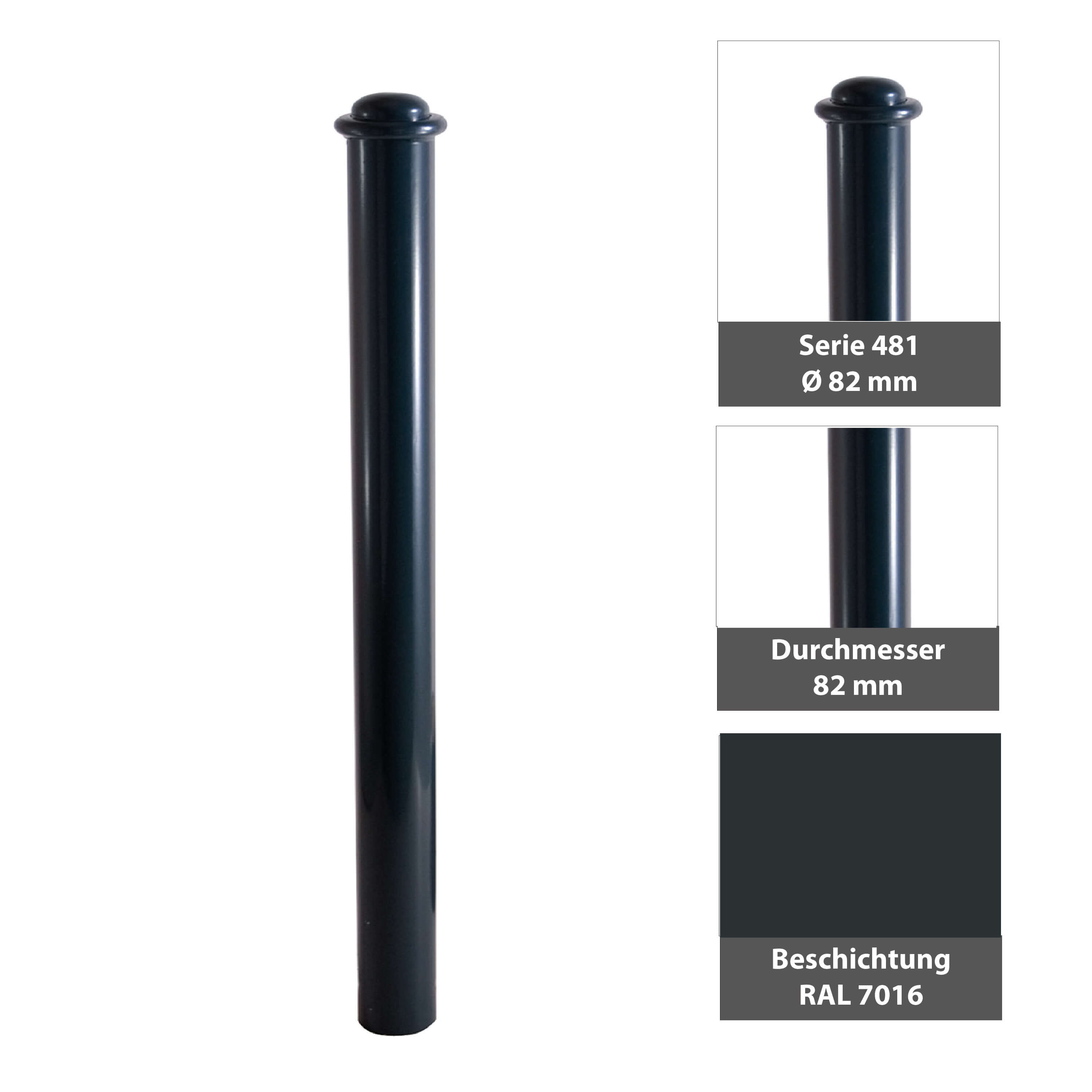 Absperr-Stilpfosten Ø 82 mm Serie 481 ortsfest zum einbetonieren Anthrazit RAL 7016