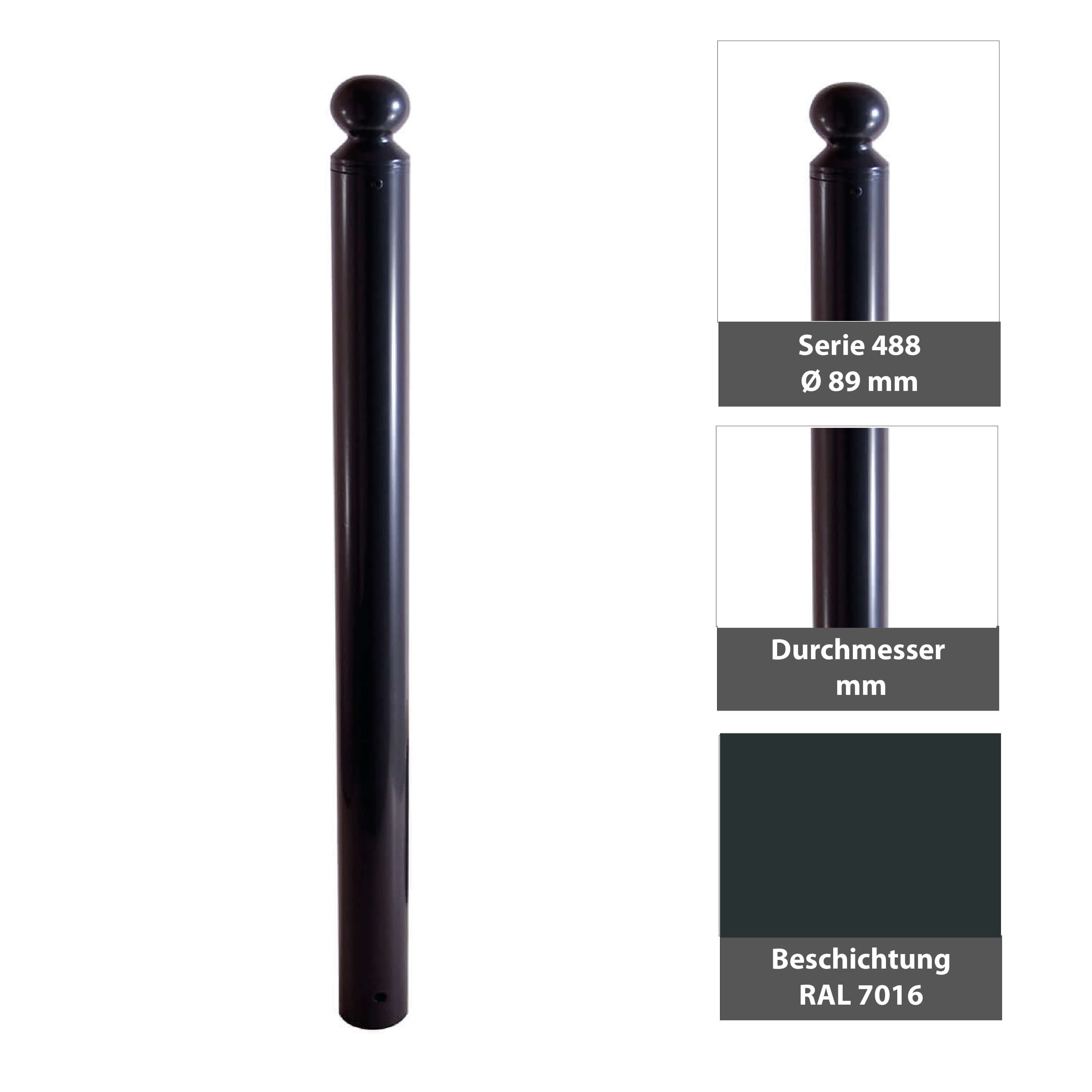 Absperr-Stilpfosten Ø 89 mm Serie 488 mit Kugelkopf ortsfest zum einbetonieren Anthrazit RAL 7016