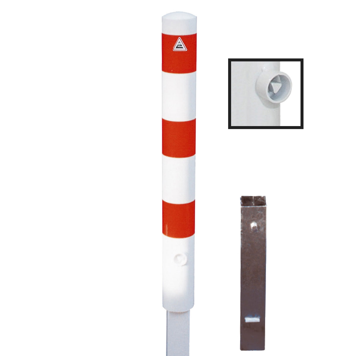 Absperrpfosten 89 mm Stahlrohr weiß besch. / rote Streifen herausnehmbar mit Dreikant