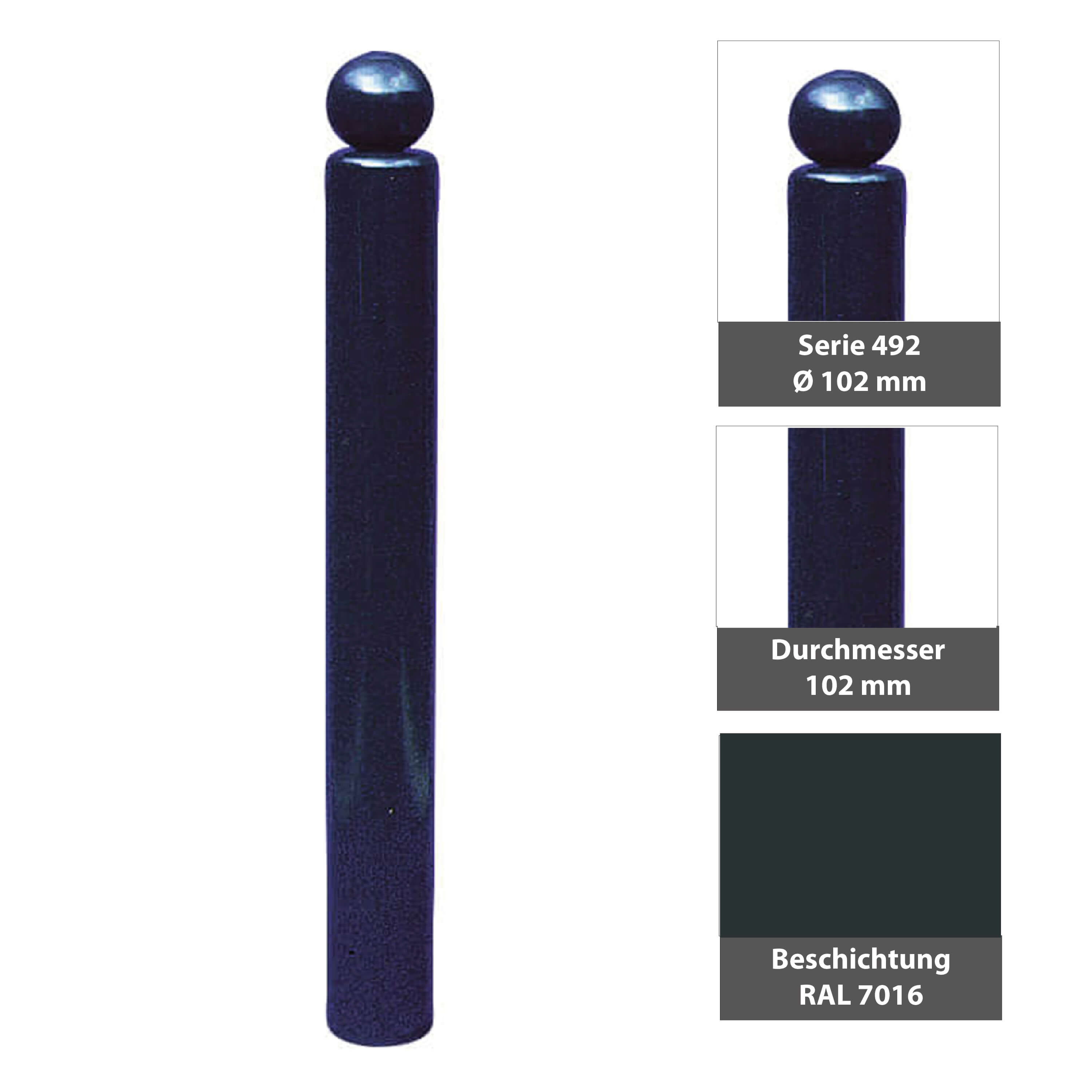 Absperr-Stilpfosten Ø 102 mm Serie 492 mit Kugelkopf ortsfest zum einbetonieren Anthrazit RAL 7016