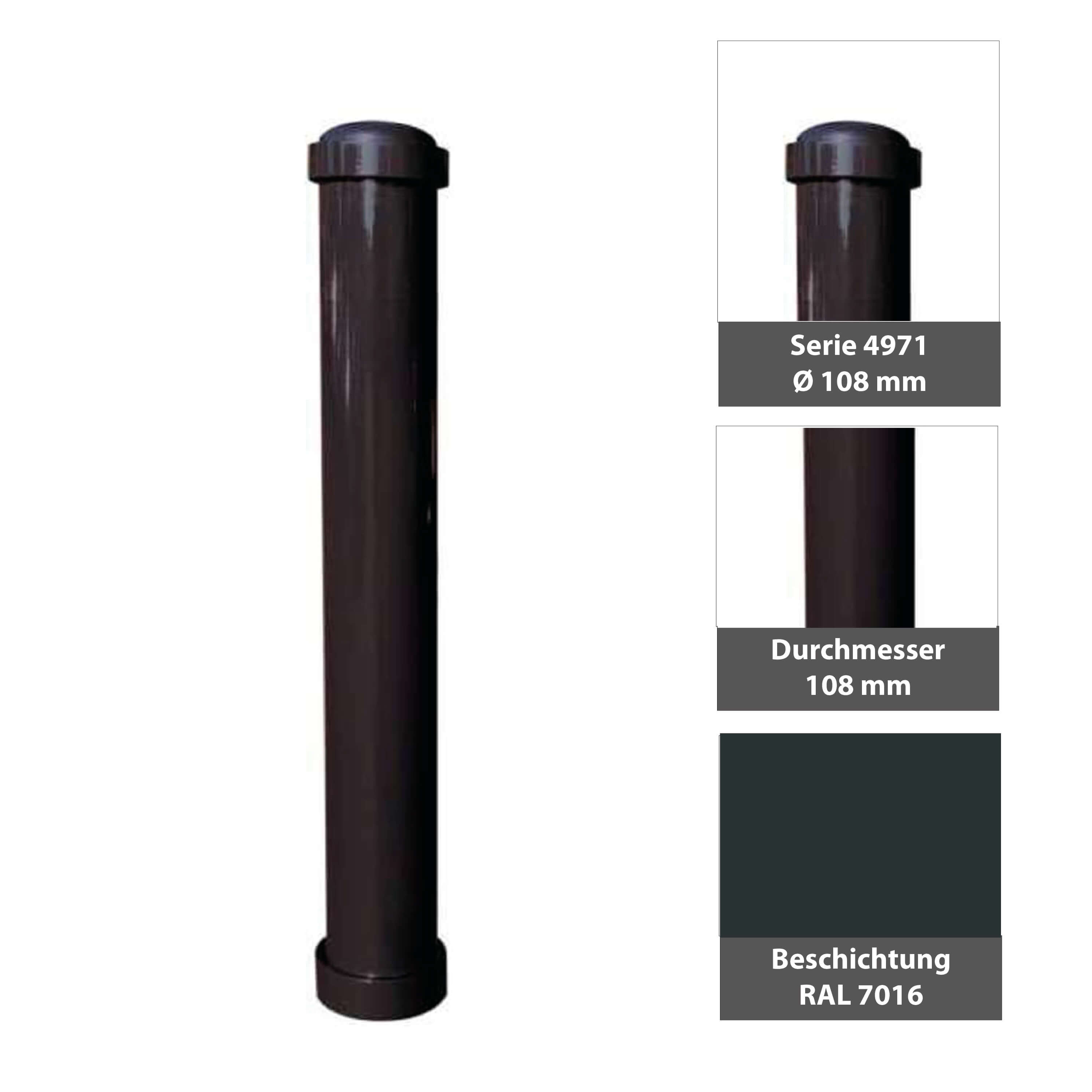 Absperr-Stilpfosten Ø 108 mm mit Zierringen Serie 4971 ortsfest zum einbetonieren Anthrazit RAL 7016
