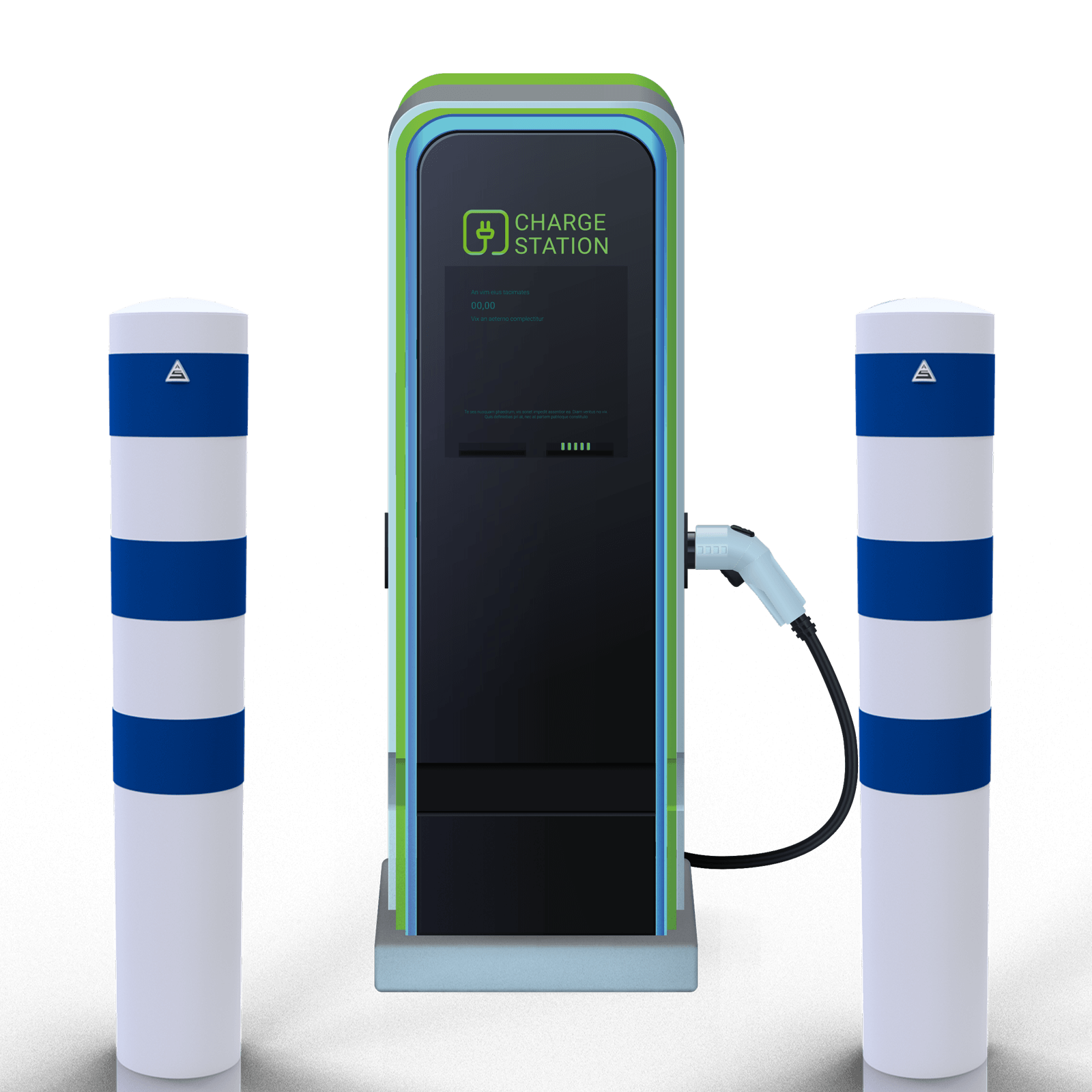 Rammschutzpoller Ø 193 mm E-Ladesäulenschutz weiß beschichtet mit 3 blauen Streifen