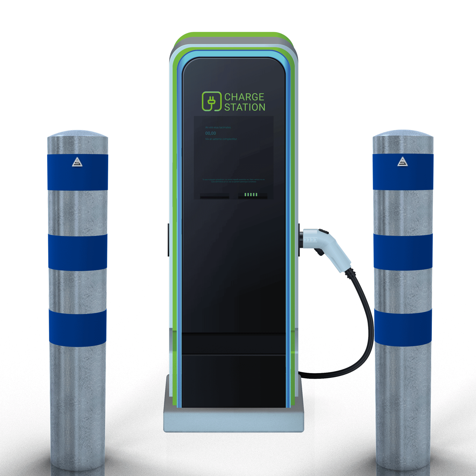 Rammschutzpoller Ø 193 mm E-Ladesäulenschutz feuerverzinkt mit 3 blauen Streifen