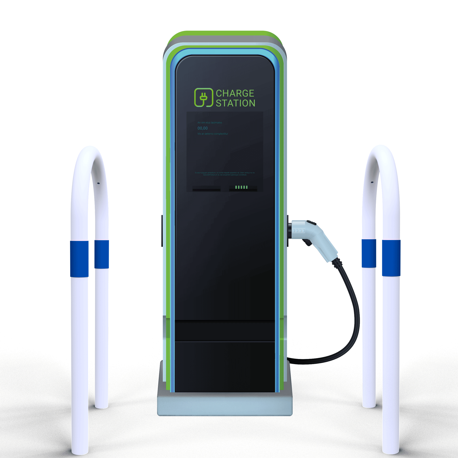 Absperrbügel Ø 48 mm E-Ladesäulenschutz Breite 400 mm Höhe 1200 mm weiß beschichtet mit blaue Streifen