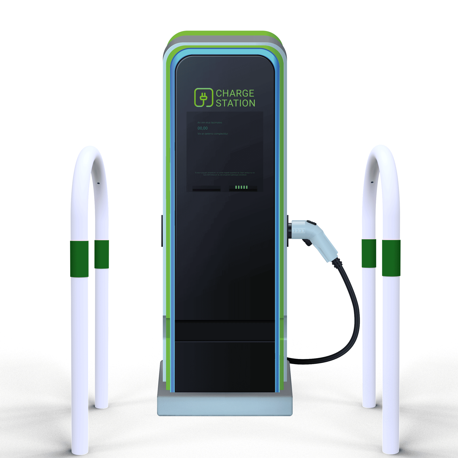 Absperrbügel Ø 48 mm E-Ladesäulenschutz Breite 400 mm Höhe 1200 mm weiß beschichtet mit grüne Streifen