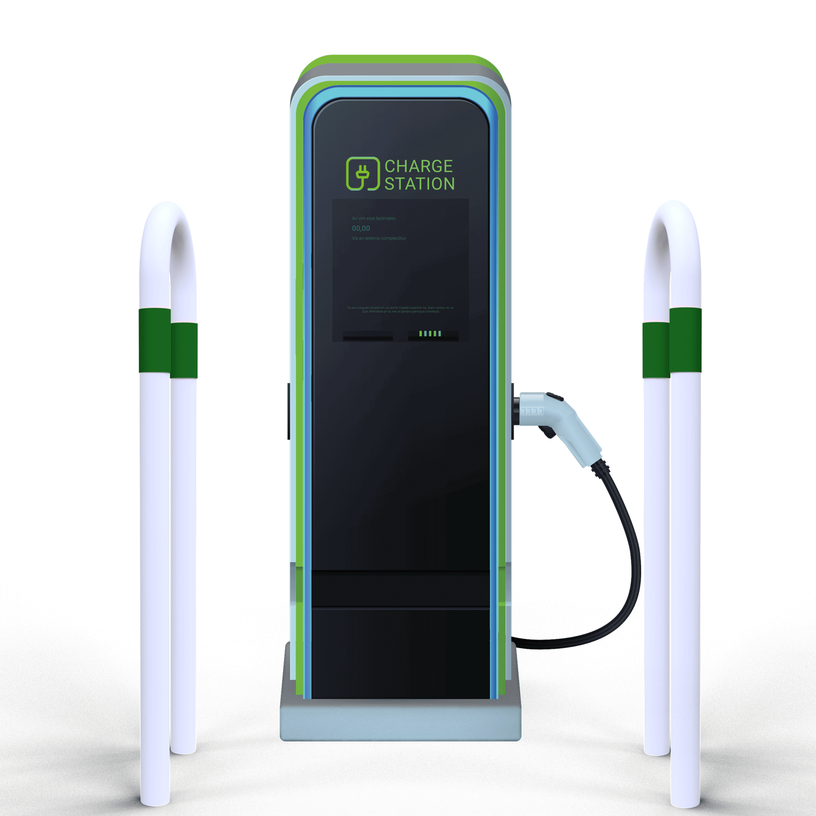 Absperrbügel Ø 48 mm E-Ladesäulenschutz Breite 300 mm Höhe 1400 mm weiß beschichtet mit grüne Streifen