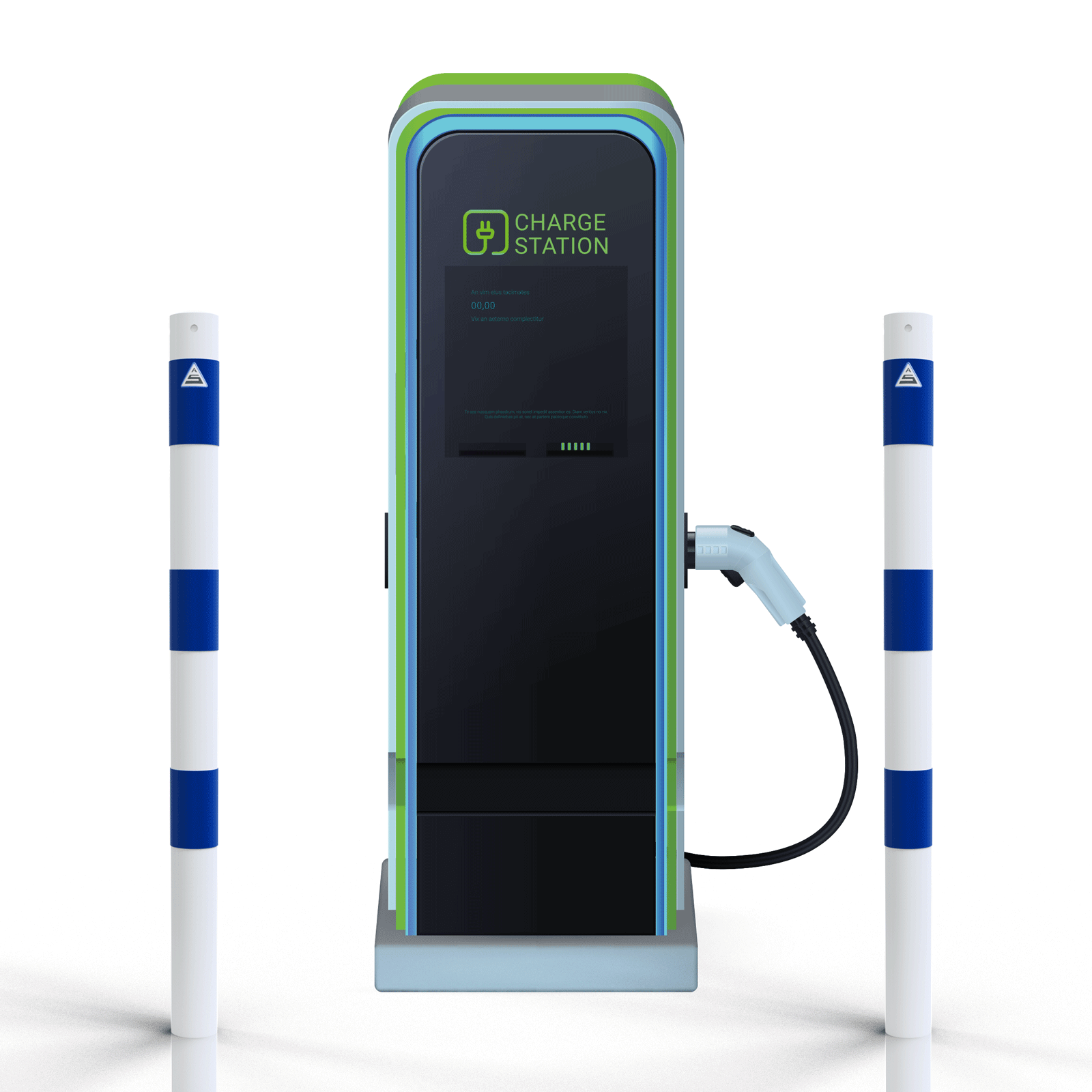 Absperrpfosten Ø 76 mm  E-Ladesäulenschutz weiß beschichtet mit 3 blauen Streifen