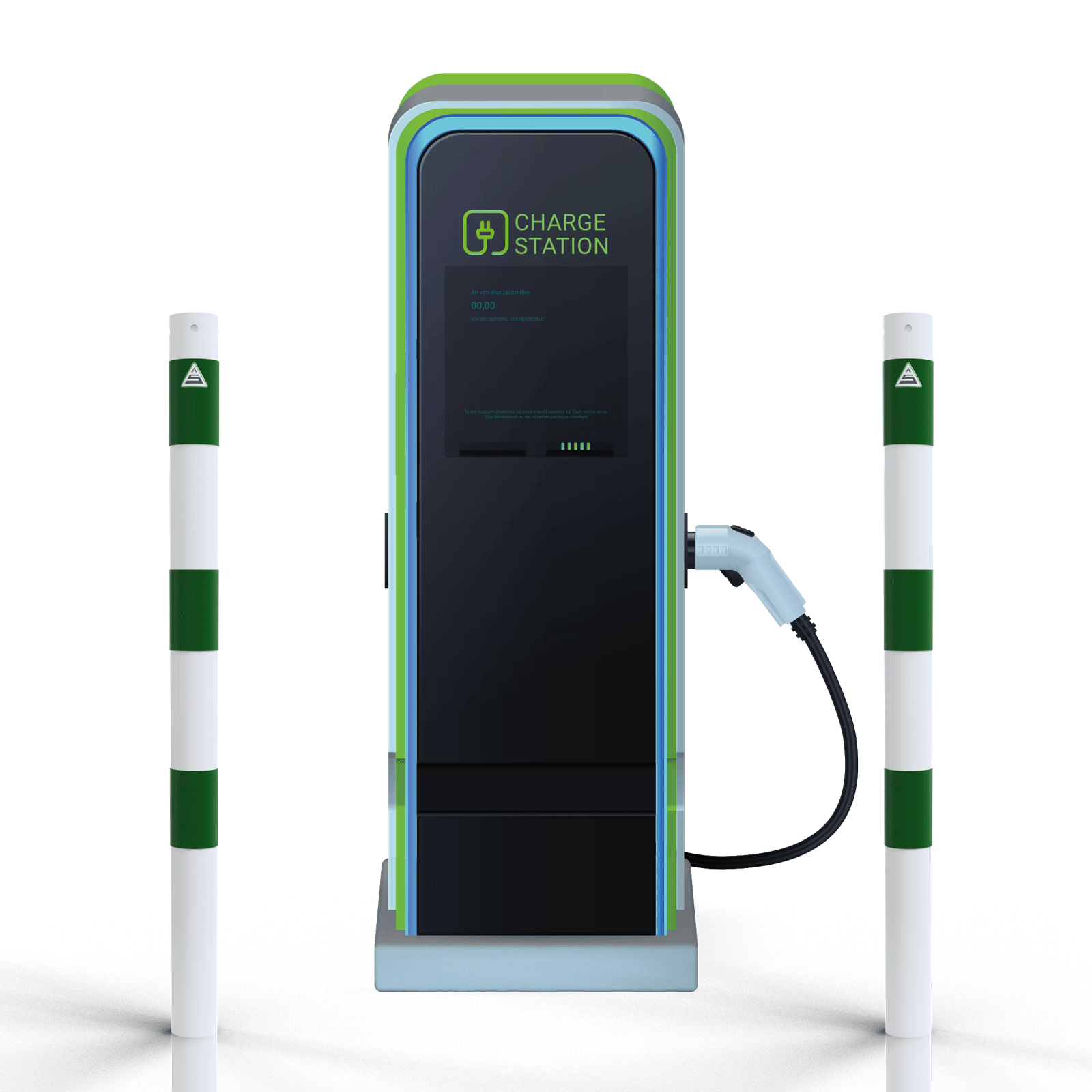 Absperrpfosten Ø 60 mm  E-Ladesäulenschutz weiß beschichtet mit 3 grünen Streifen