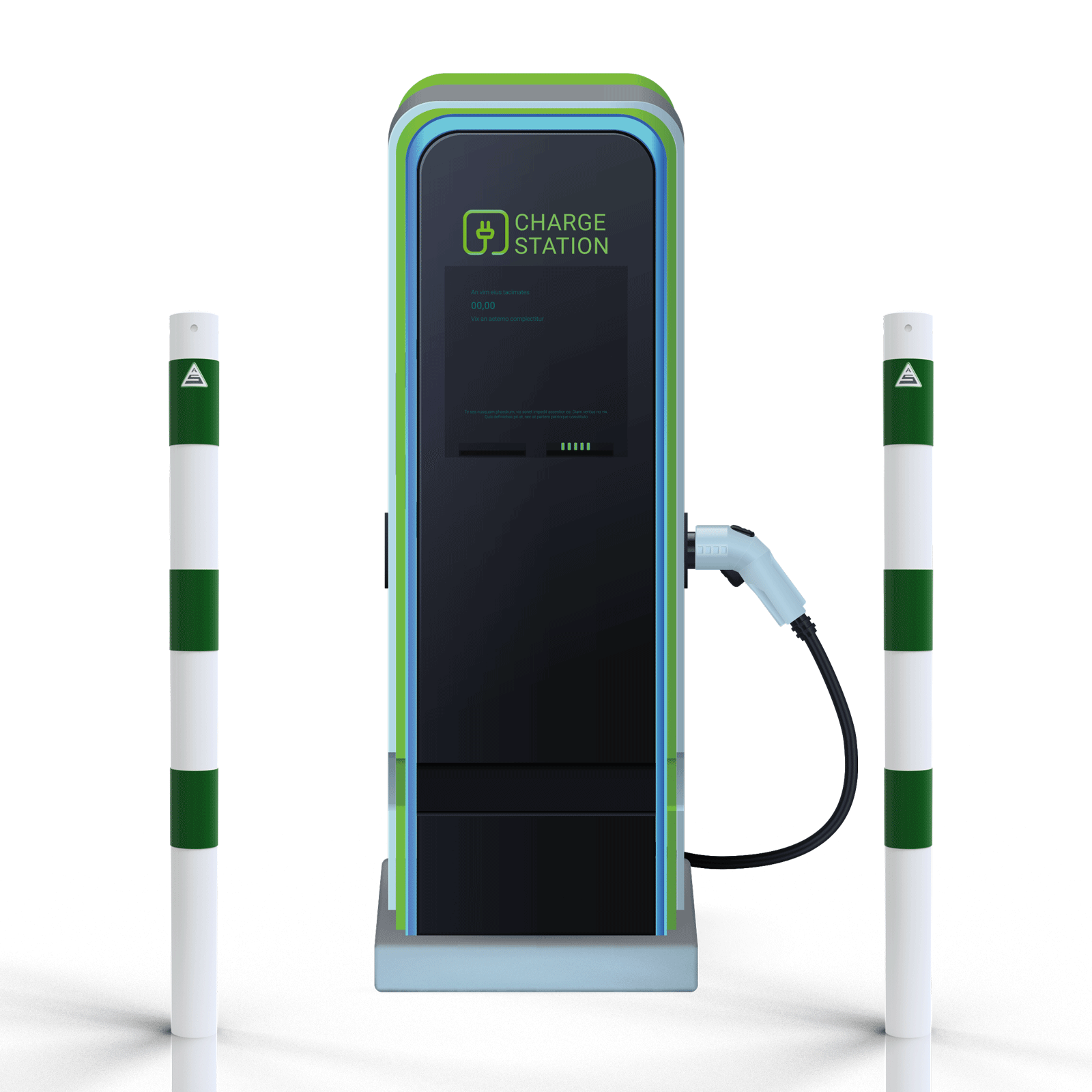 Absperrpfosten Ø 76 mm  E-Ladesäulenschutz weiß beschichtet mit 3 grünen Streifen