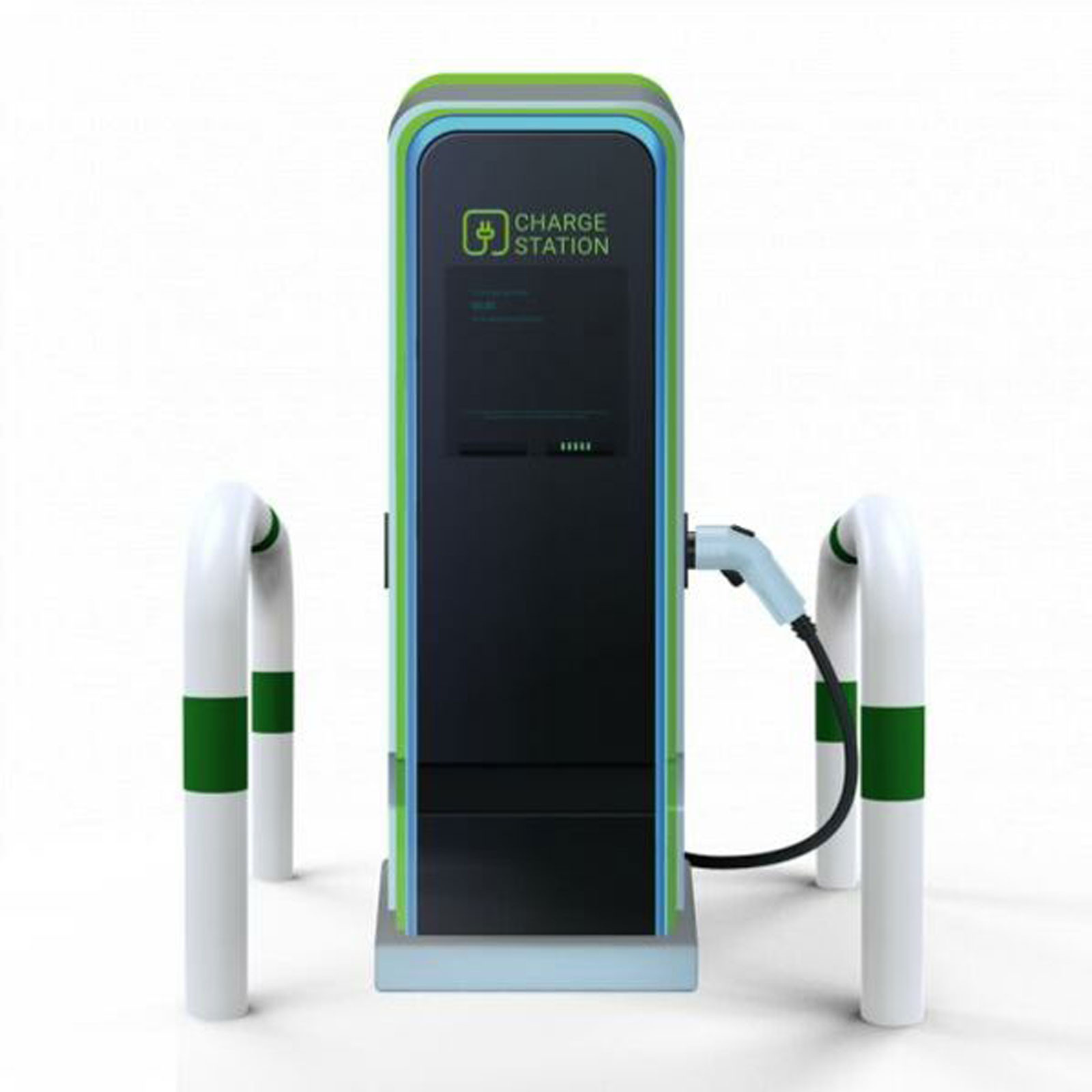 Rammschutzbügel Ø 76 mm E-Ladesäulenschutz Breite 750 mm Höhe 1000 mm weiß beschichtet mit grüne Streifen