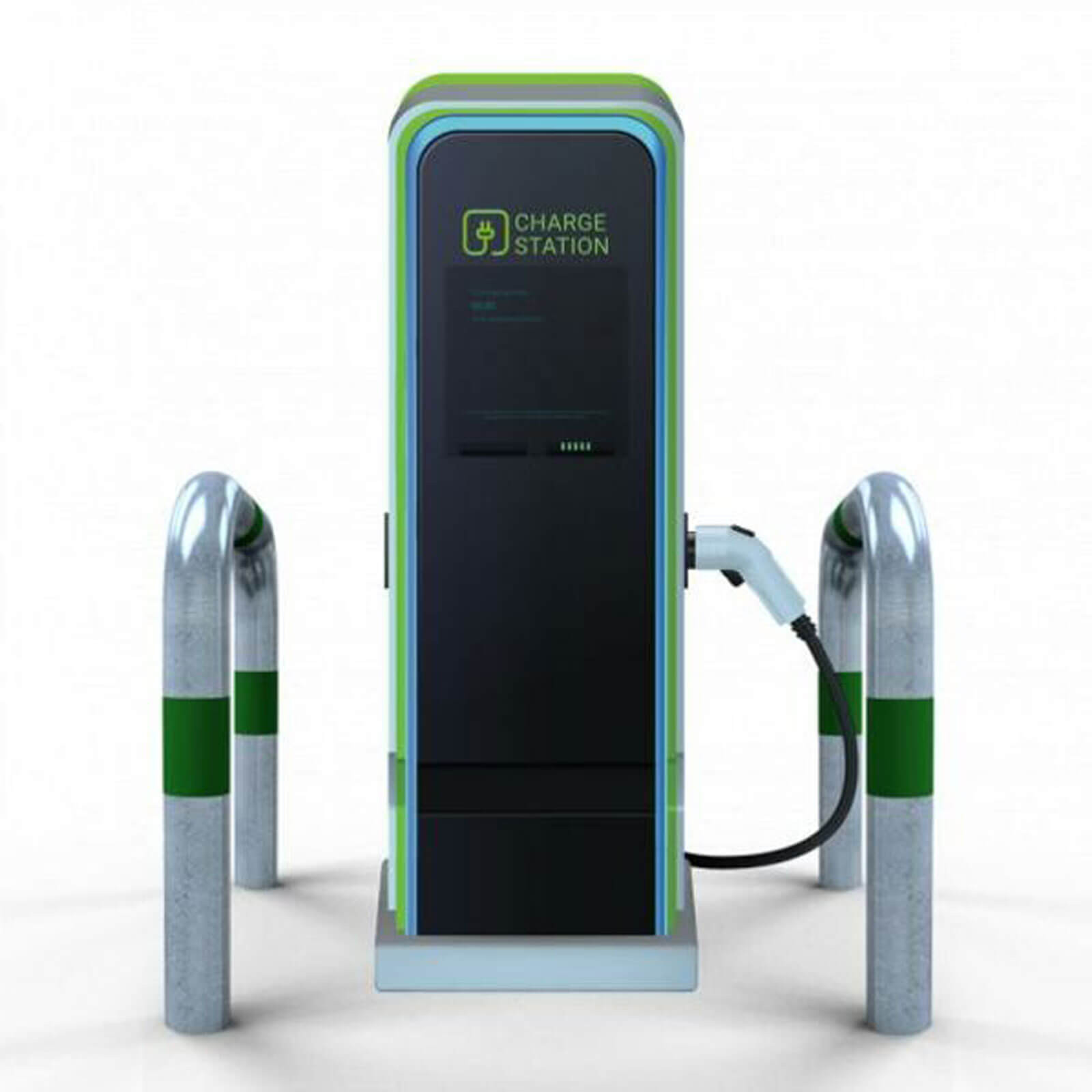 Rammschutzbügel Ø 76 mm E-Ladesäulenschutz Breite 750 mm Höhe 1000 mm feuerverzinkt mit grüne Streifen