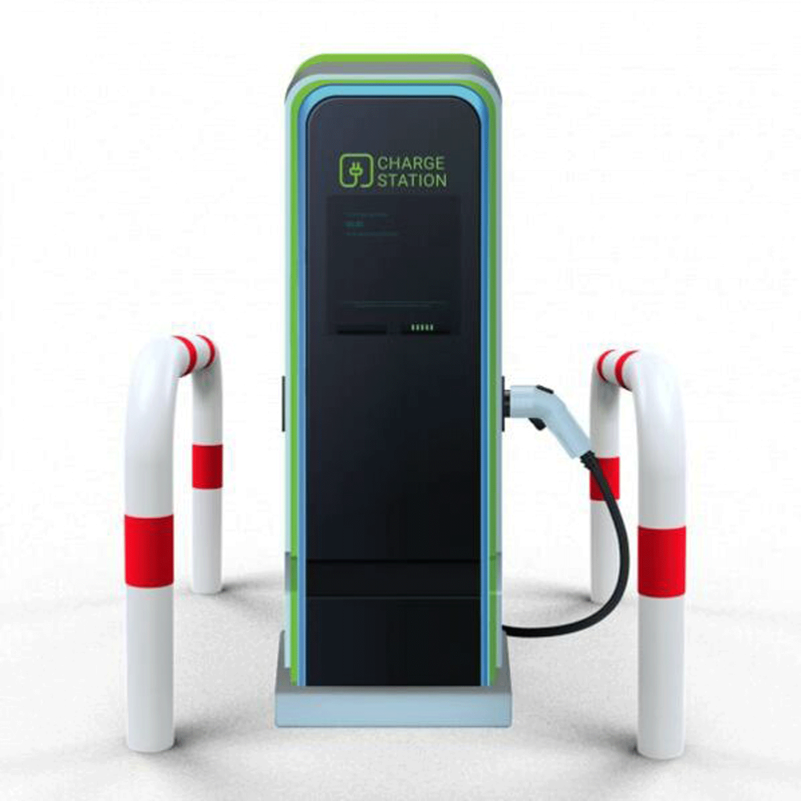 Rammschutzbügel Ø 76 mm E-Ladesäulenschutz Breite 1000 mm Höhe 1000 mm weiß beschichtet mit rote Streifen