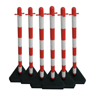 Kettenständer-Set 6 Kunststoffpfosten Ø40 mm mit Beton gefülltem dreieckigen Fuß, 10m Kunststoffkette weiß / rot