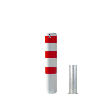 Stahlrohrpoller Ø 193 mm-weiß besch, / rote Streifen- herausnehmbar ohne Verschluss-1500 mm inkl. Bodenhülse