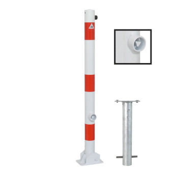 Absperrpfosten 60 mm Stahlrohr weiß besch. / rote Streifen umlegbar Dreikant zum einbetonieren inkl. Bodenhülse