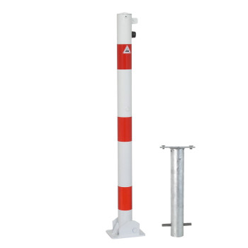 Absperrpfosten 60 mm Stahlrohr weiß besch. / rote Streifen umlegbar für Vorhangschloss zum einbetonieren inkl. Bodenhülse