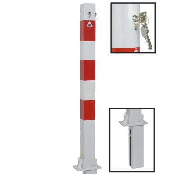 Absperrpfosten 70 x 70 mm Stahlrohr weiß besch. / rote Streifen umlegbar und herausnehmbar mit Profilzylinderschloss inkl. Bodenhülse