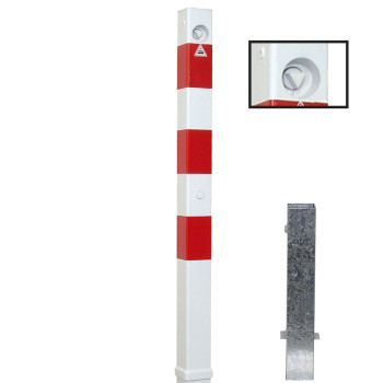 Absperrpfosten 70 x 70 mm Stahlrohr weiß besch. / rote Streifen herausnehmbar mit Dreikant oben innenliegend