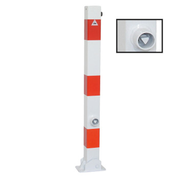 Absperrpfosten 70 x 70 mm Stahlrohr weiß besch. / rote Streifen umlegbar mit Dreikant für Dübelbefestigung