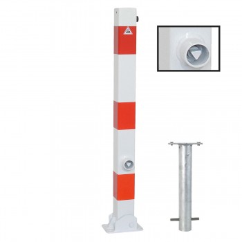 Absperrpfosten 70 x 70 mm Stahlrohr weiß besch. / rote Streifen umlegbar mit Dreikant zum einbetonieren inkl. Bodenhülse