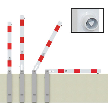 Absperrpfosten 70 x 70 mm Stahlrohr weiß besch. / rote Streifen umlegbar mit Dreikant mit Hebe- Kippmechanik inkl. Bodenhülse