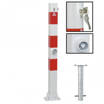 Absperrpfosten 70 x 70 mm Stahlrohr weiß besch. / rote Streifen umlegbar mit Profilzylinderschloss und Dreikant zum einbetonieren inkl. Bodenhülse
