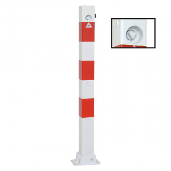 Absperrpfosten 70 x 70 mm Stahlrohr weiß besch. / rote Streifen umlegbar mit Dreikant oben innenliegend für Dübelbefestigung