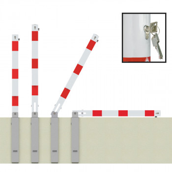 Absperrpfosten 70 x 70 mm Stahlrohr weiß rot umlegbar mit Profilzylinderschloss mit Hebe- Kippmechanik inkl. Bodenhülse